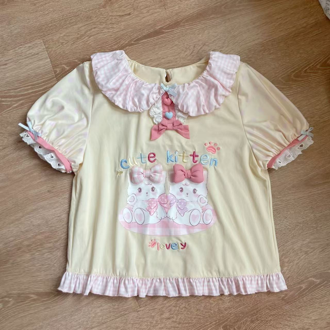 

Японские каваи футболки Женские Повседневные Y2k Укороченный топ Милые футболки Лолиты Дизайн для одежды для девочек Футболки с коротким рукавом Верхняя одежда Шик M жёлтый