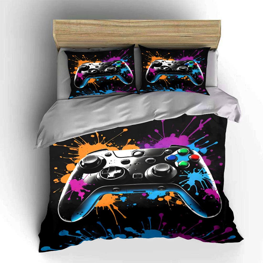 Vibrant Game Controller with Color Splashes Print Bedding Set 1 Duvet Cover 2 Pillowcases for Adult and Children Luxury Gift