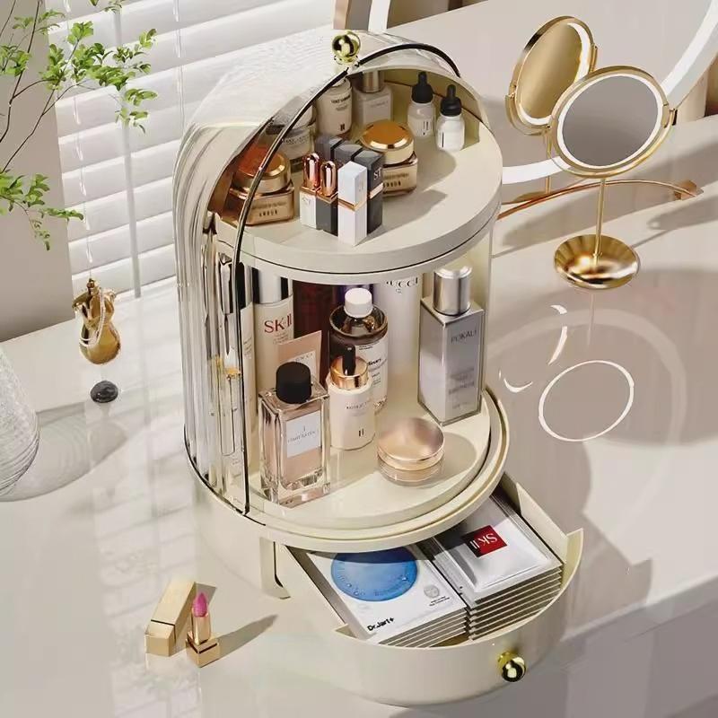 Light Luxury Transparent Cosmetic Organizer with Drawer Lids Rotating Storage Box Table Makeup Brush Lipstick Storage Rack Shelf