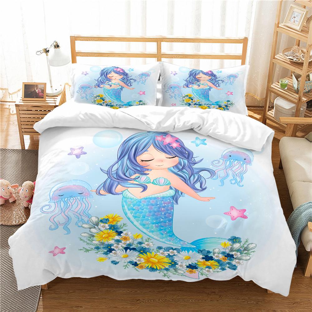 Cute Cartoon Mermaid Duvet Cover Twin Queen Ocean Themed Bedding Set Mermaid Princess Comforter Cover For Kids Girls Room Decor