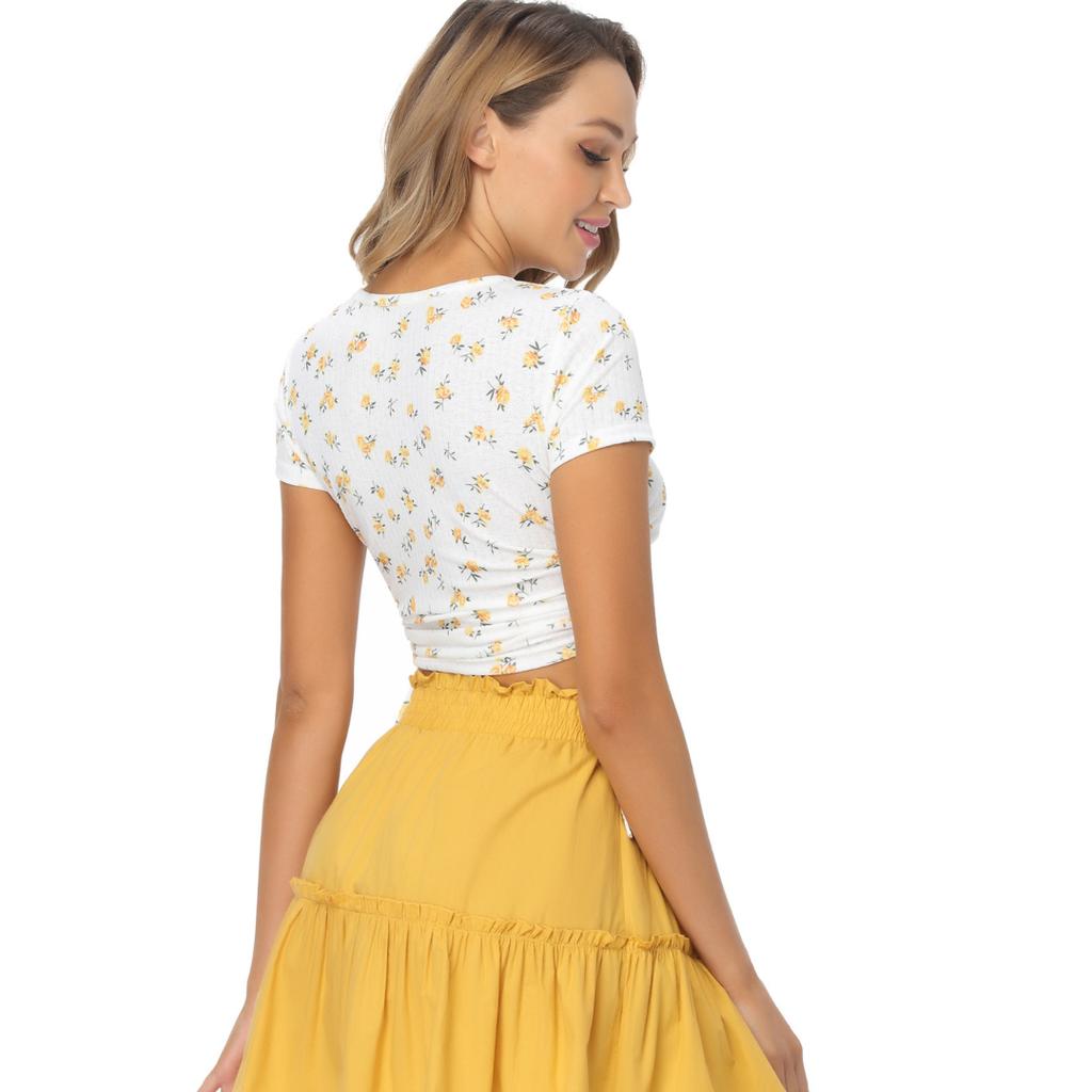 Summer Women's Short Sleeve T-Shirt Drawstring Crop Navel Crew Neck Casual Top