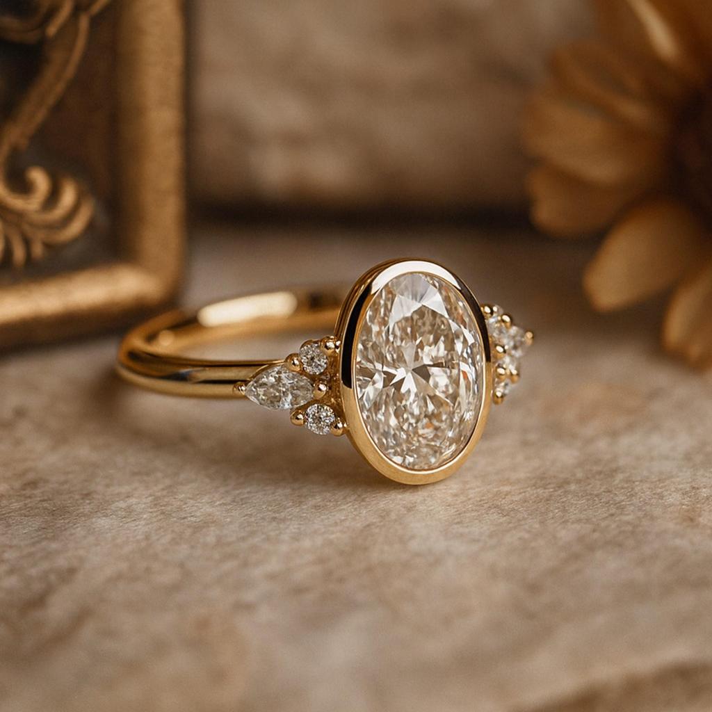 Inel de logodnă cu bezel oval din zirconiu cubic – Inel de nuntă nupțial placat cu aur galben cu pietre laterale – Bijuterii Art Deco Cadou pentru ea