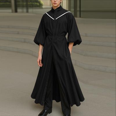 Men Stand Neck Long Sleeve Button Up Casual Pleated Long Shirts Tops