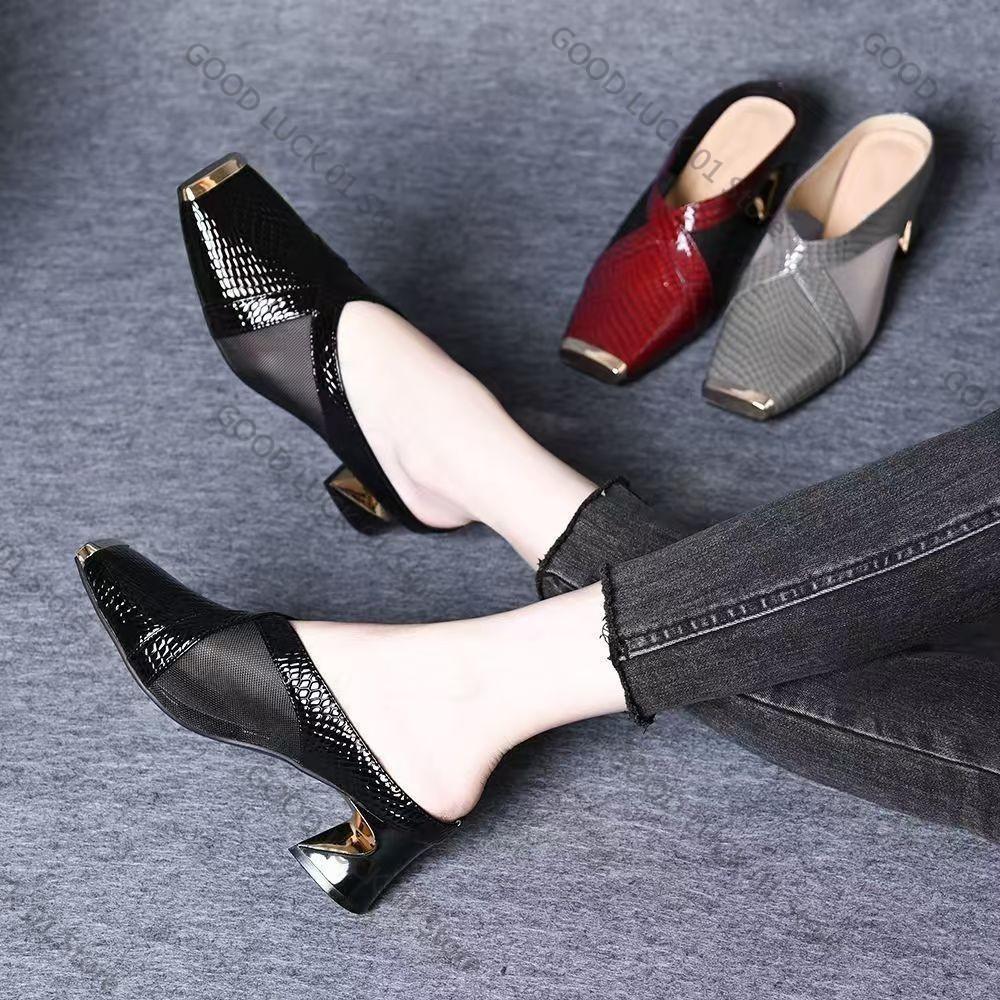 Fashion Rivet Low Shoes Med Woman's Slippers Square heel Pointed Toe Slides Heeled Mules 2025 Block Cover High Fabric Pumps Rome Rubber
