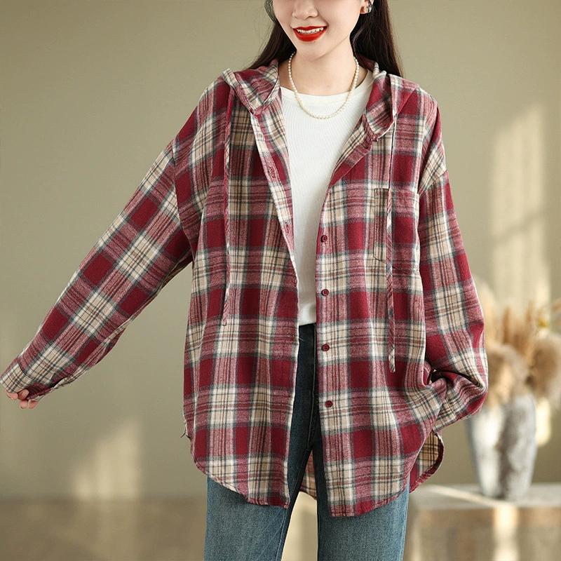 

Весенне-осенняя хлопково-льняная литературная клетчатая рубашка с длинным рукавом и капюшоном, женская, на пуговицах, больших размеров, артистичная рубашка с длинным рукавом для женщин S