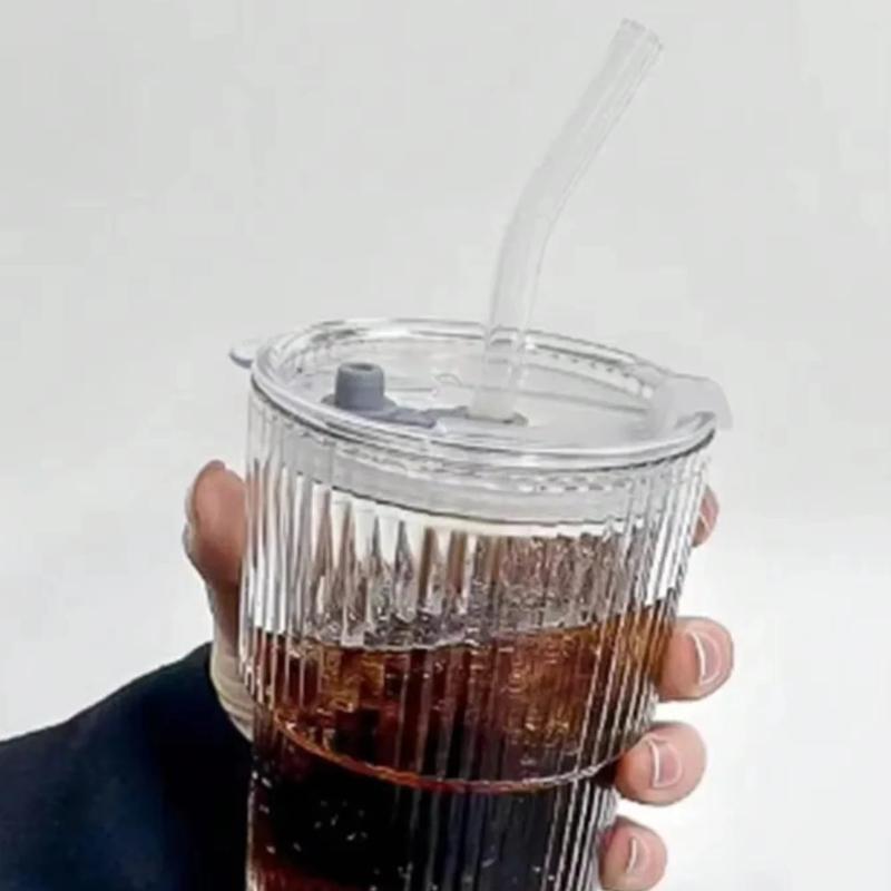 1/2 Piezas Vaso de Vidrio Rayado Vasos Transparentes con Tapa y Pajita Taza para Café Helado Taza de Té Vaso para Jugos Vaso para Leche y Agua Utensilios para Beber Botella de Agua con Pajita