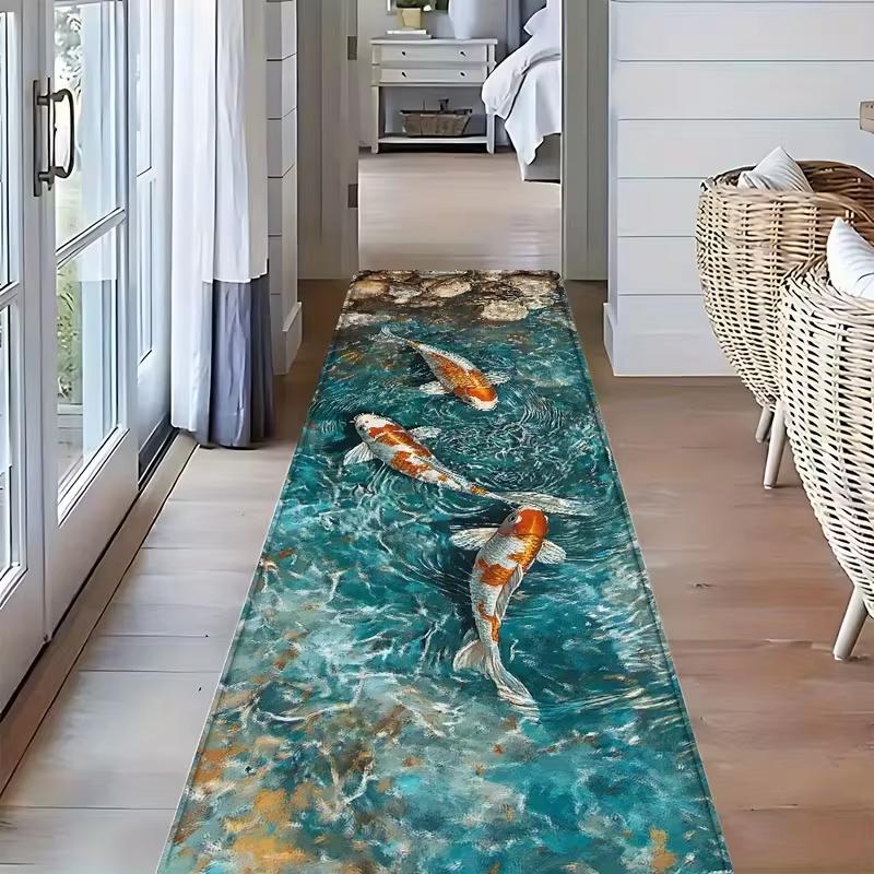 2D Koi-Fischteich Läufer Teppich Karpfen Wasserbecken Teppich Visuelle Illusion Weiche Rutschfeste Fußmatte Trendige Heimdekoration für Wohnzimmer