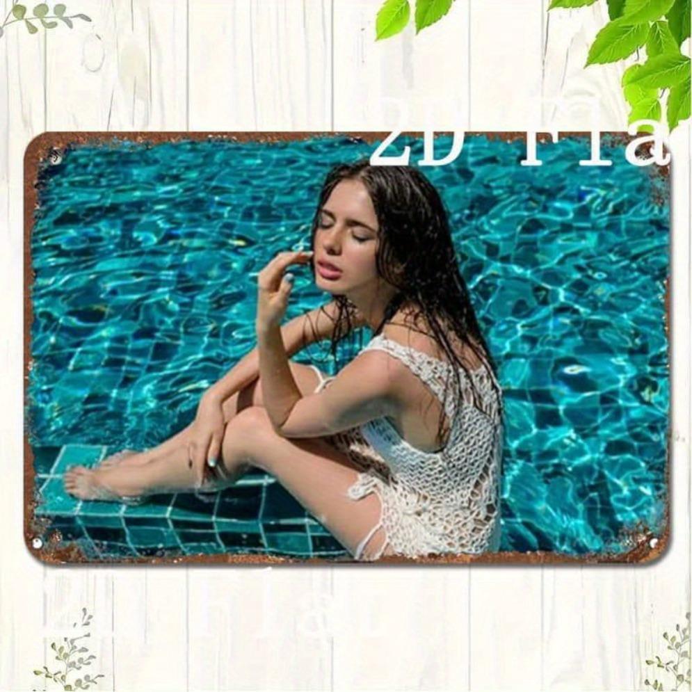 Vintage Metal Wall Art Sexy Bikini Model Pond Poster - Heavy Duty Pre-Drilled Waterproof 8x12 Inch Retro Decor for Home Bar Offi