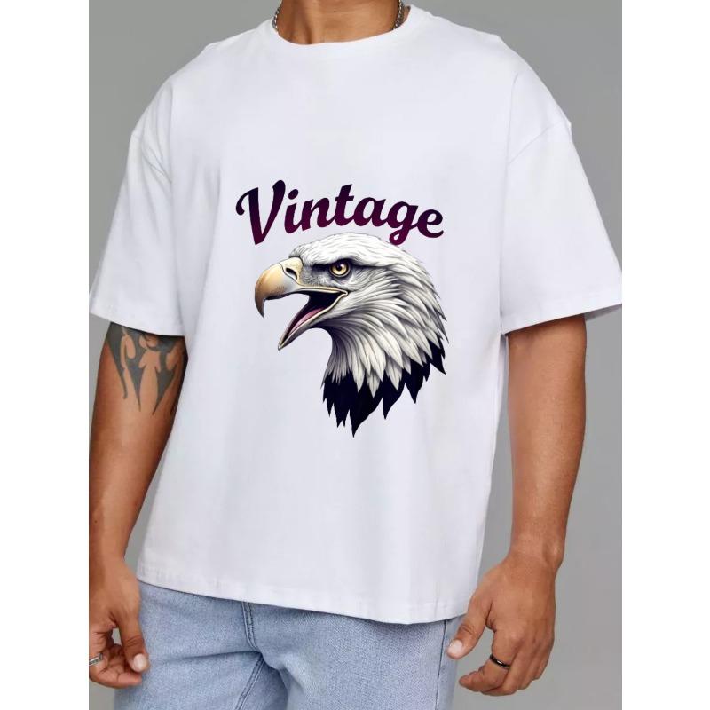 Vintage Eagle Head Graphic T-Shirt White American Bald Eagle Print and Text Casual Wear for Men and Women Outdoor Adventure Fashion Streetwear Style