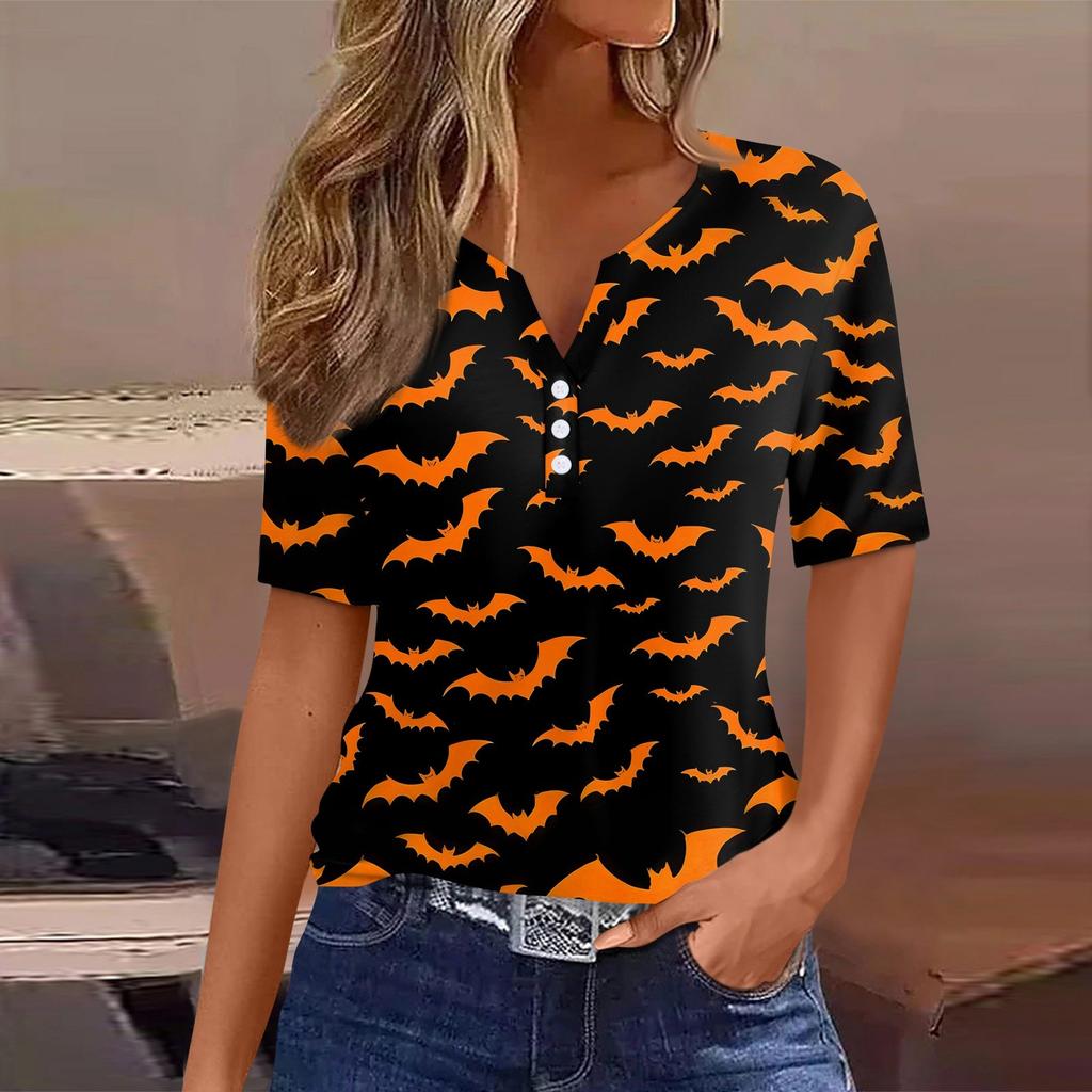 Women's T Shirt Halloween Print Button Short Sleeve Daily Weekend Fashion Basic V- Neck Regular Top