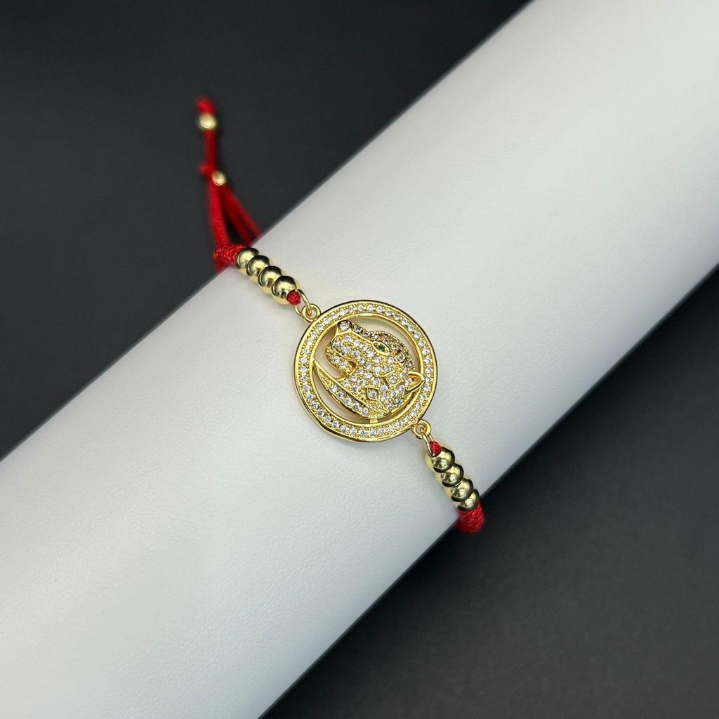 Retro-Leopardenkopf-Armband mit rotem Seil, mikro-eingefasstem Zirkonia und Zugband