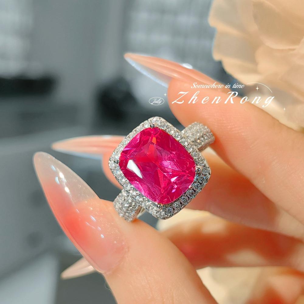 Luxury Open Ring with Simulated Ruby Vintage Cushion Cut Red Corundum High Carbon Diamond Ring for Women