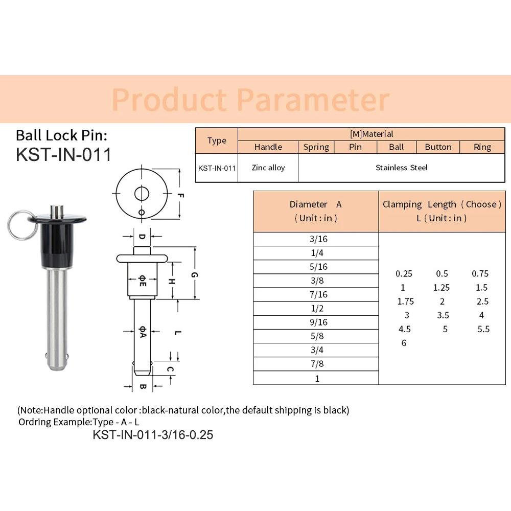 3/16" 1/4" 5/16" 3/8" 7/16" 1/2" 9/16" 5/8" 3/4" 7/8" 1" Dia Inch Size Quick Release Ball Lock Pin Stainless Steel Dowel Pin