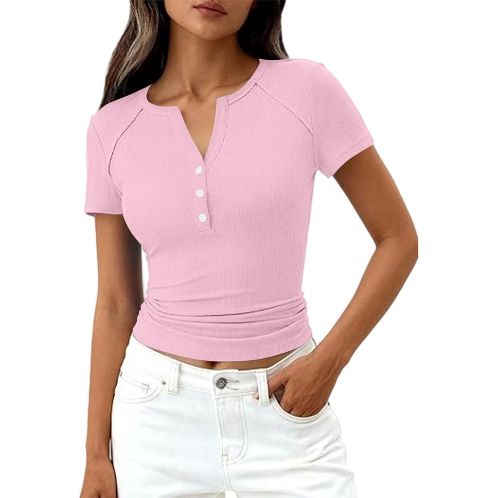 Haut T-shirt Décontracté Mode Femme Couleur Nouvelle Manches Courtes Bouton Décoratif Col en V