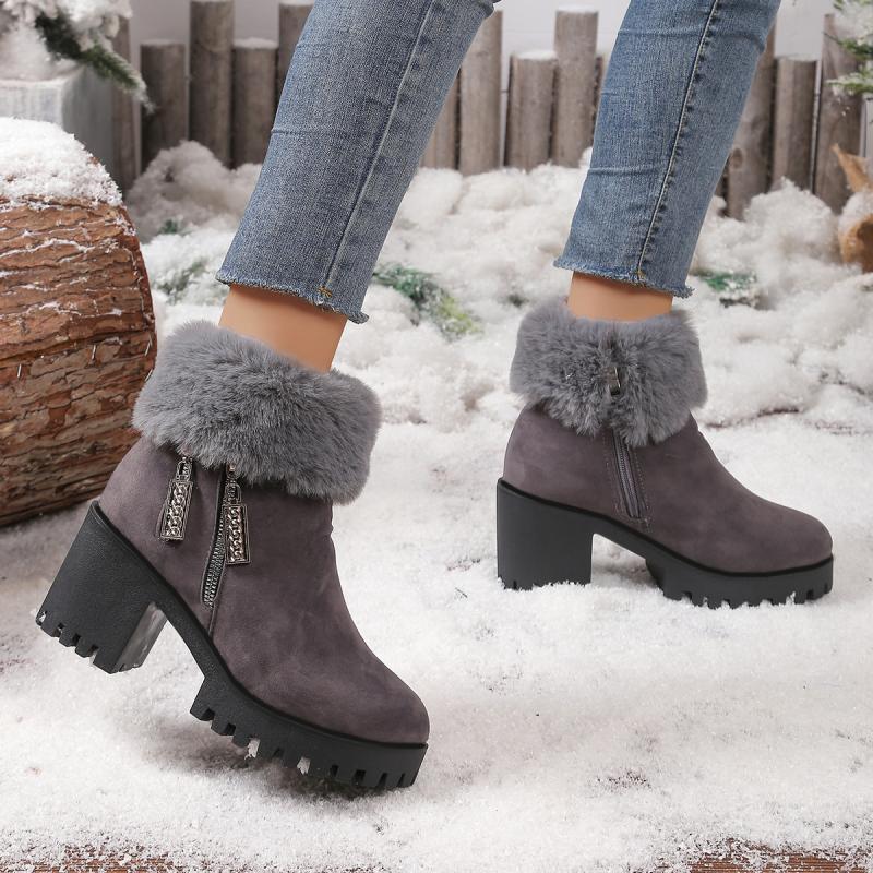 Fluffy Fur High Heel Ankle Boots with Platform Women 2025 Winter Thick Bottom Furry Snow Boots Warm Short Plush Woman's Shoes