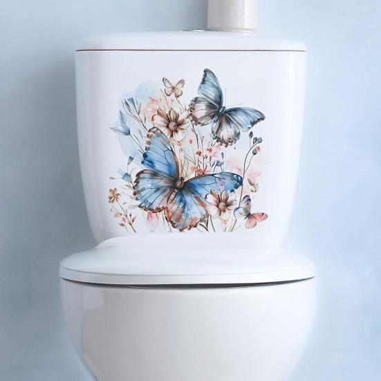 Colorful Butterflies Flower Toilet Sticker Removable Self-adhesive Waterproof PVC Living Room Wall Art Floral Bathroom Toilet Lid Decoration Decal