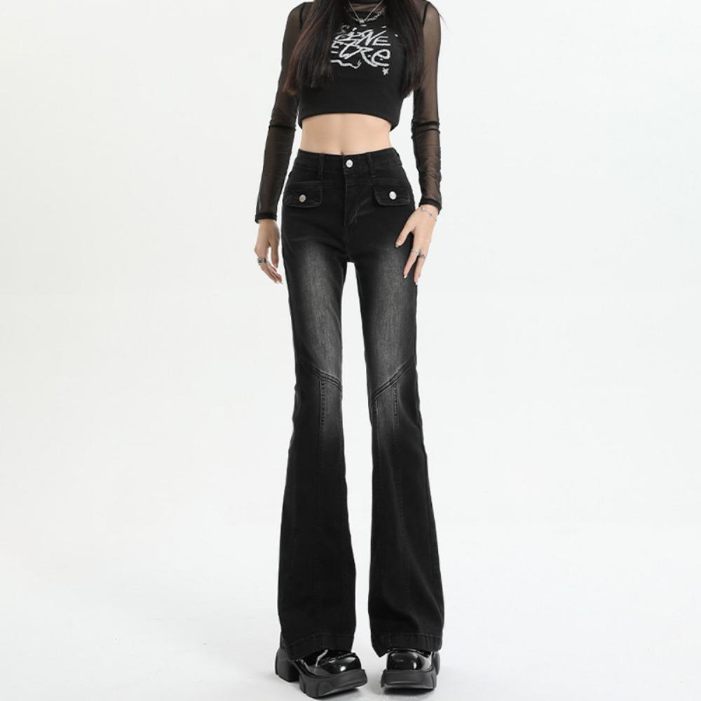 American personalized high-waisted design slightly pulled jeans women's spring and autumn new slim-fitting versatile bell pants