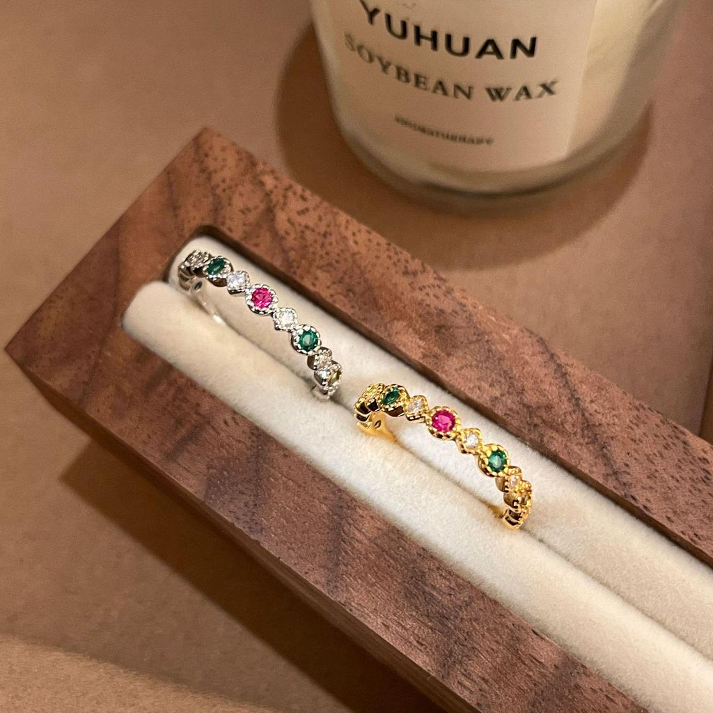 18K Gold-Plated S925 Silver Rainbow Zirconia Open Ring for Women - Retro Niche Design, Exquisite and Cool Style.