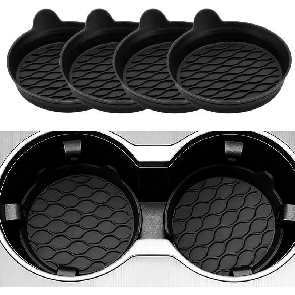 Car Cup Holder Coaster, Silicone Cars Coasters, Universal Non-Slip Car Interior Accessories 4 Pack Black (Black)