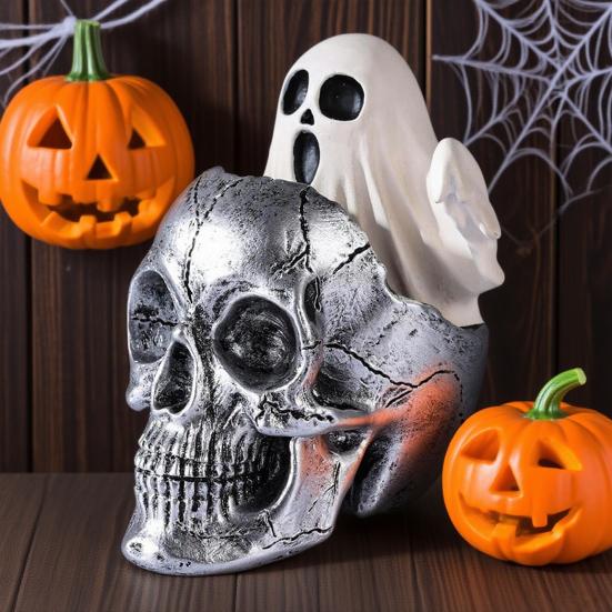 Mini Skull Head with Ghost Figurine Spooky Skeleton Head Ghost Halloween Decor for Gothic Porch Indoor Office Desk Tabletop Mantel Decoration