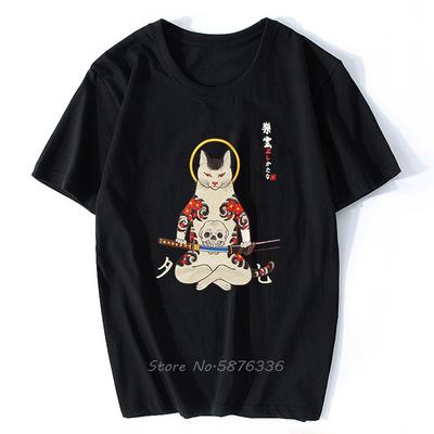 Streetwear Japan Style Ukiyo E Lustiges Samurai Katze Anime T-Shirt Herren Kurzarm Baumwoll-T-Shirt Hip Hop Tees