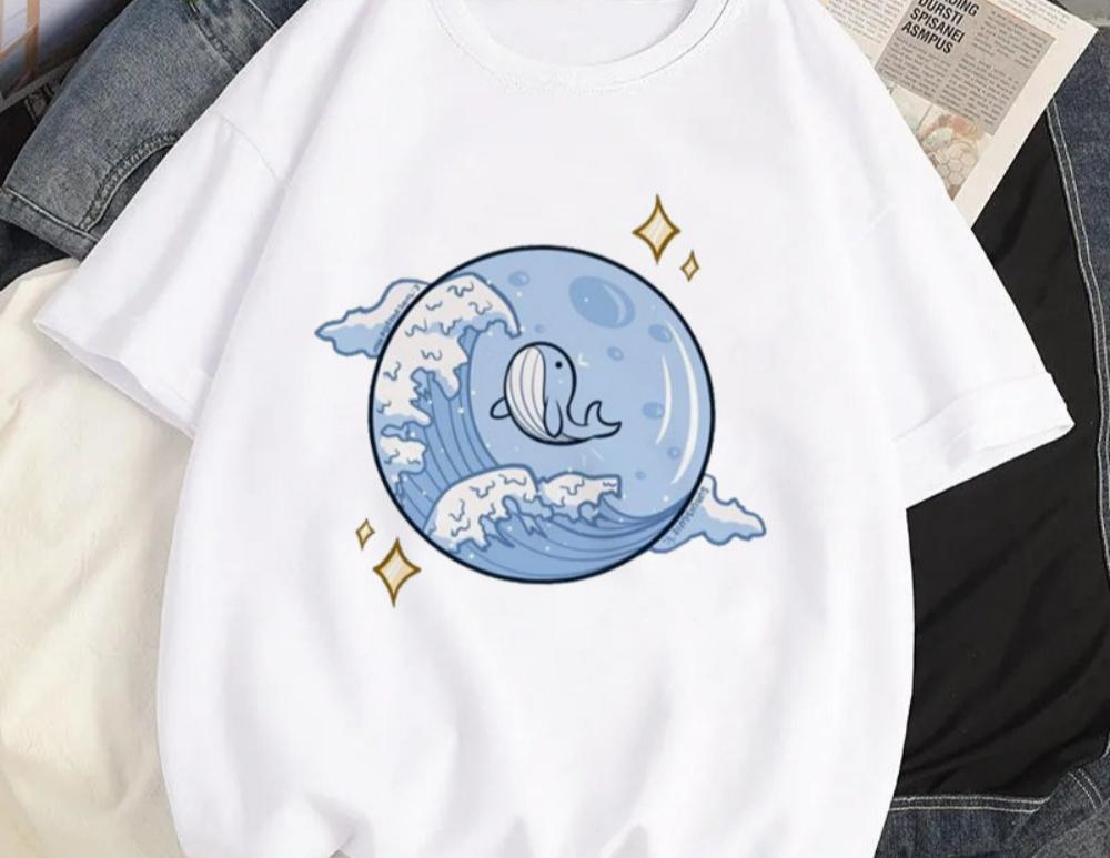 Women Y2K Fashion T Shirt Casual Loose Fit Tee with Cute Cartoon Whale Graphic Harajuku Style Top Daily Streetwear Oversized