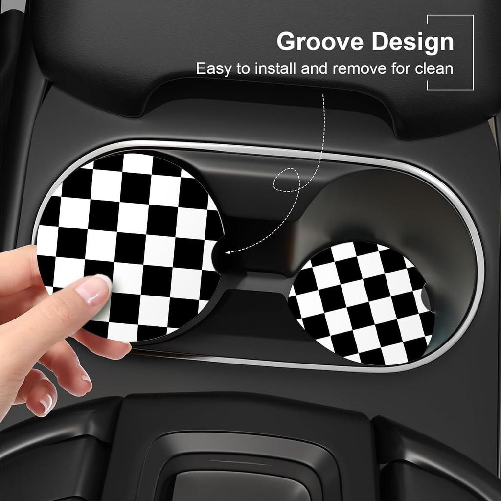 Black Checkerboard Ceramic Car Coasters – Absorbent Car Cup Holder Coaster Set for Women & Men, Cool Aesthetic Car Accessories, 2 Pack