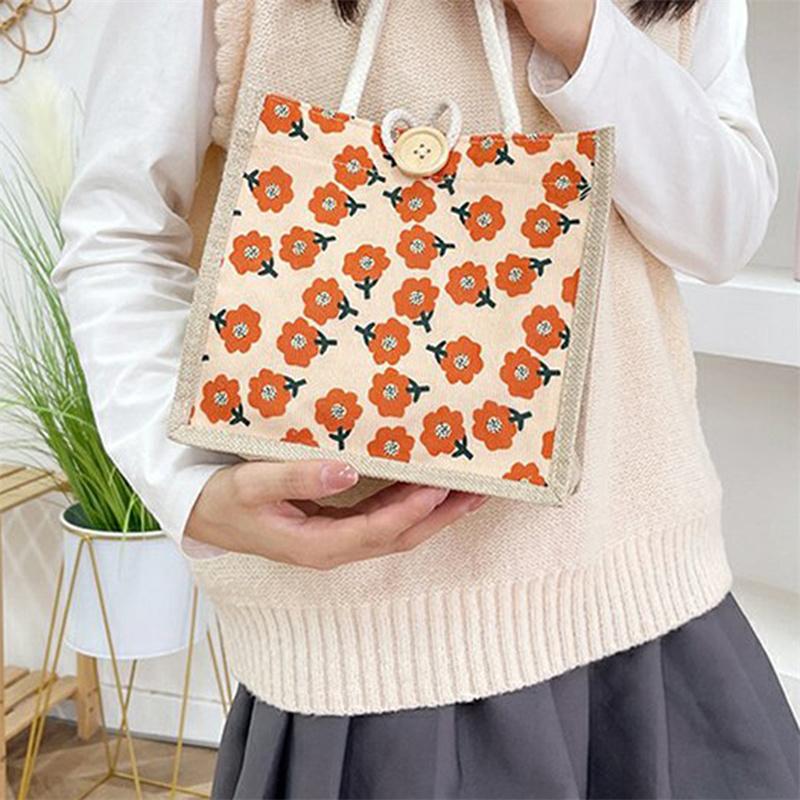 Floral Pattern Linen Button Tote Bag Large Capacity Portable Versatile Handbag Gift Packing Bag Lunch Bag Shopping Pouch