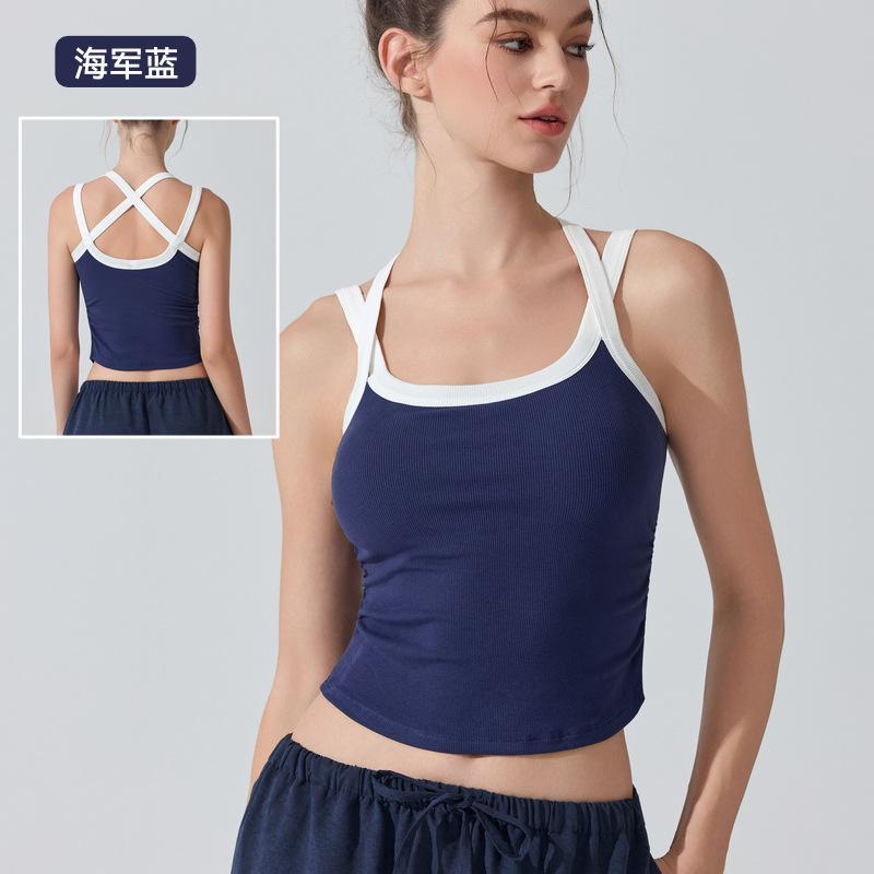 Contrasting Sports Underwear Yoga Suspender Vest Sexy Ribbed Inner with Chest Pad Outer Wear Cross Back Women