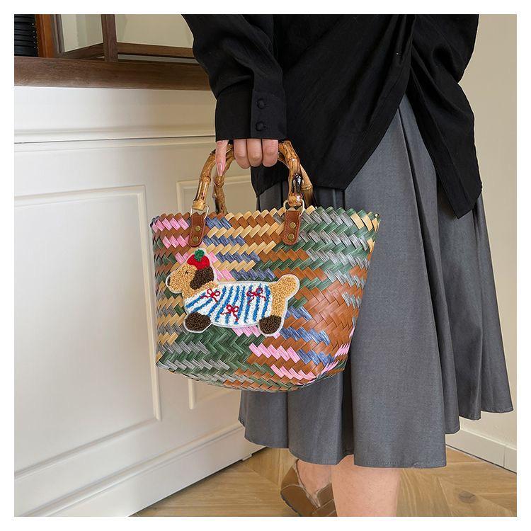 Dackel Welpe Gewebte Handtasche mit Bambusgriff Vintage Strandtasche