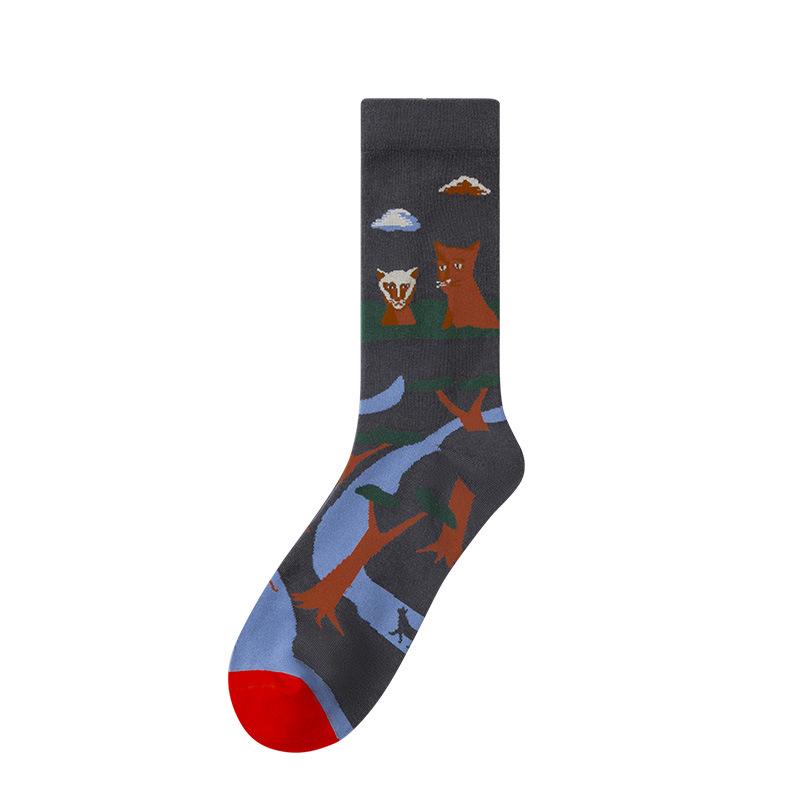 French Retro Abstract Oil Painting Mid-Calf Socks - Trendy Autumn/Winter High-Top Creative Combed Cotton for Women