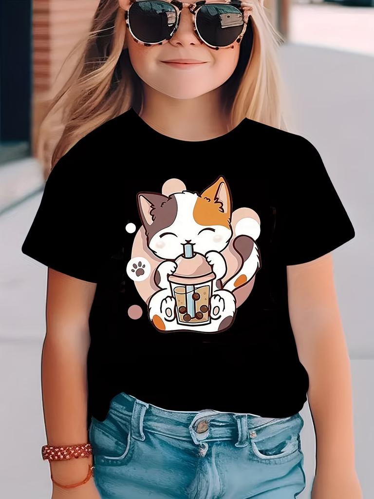 Cat Graphic Kids Tshirts Summer Short Sleeve Tees Cartoon Animal Boys Girls Clothes Kawaii Kitten Tops Y2K Tshirt