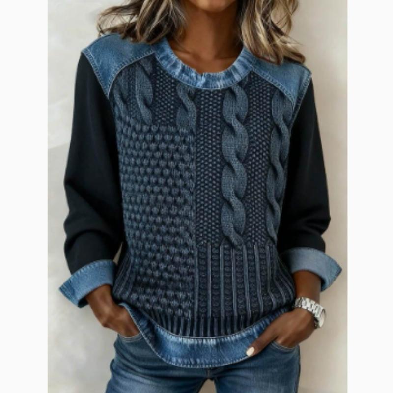 Europäische Und Amerikanische Damenbekleidung Neue Modelle Kariert Nachahmung Kunstdenim-Druck Rundhals Langarm T-Shirt( Nicht-Denim-Stoff)