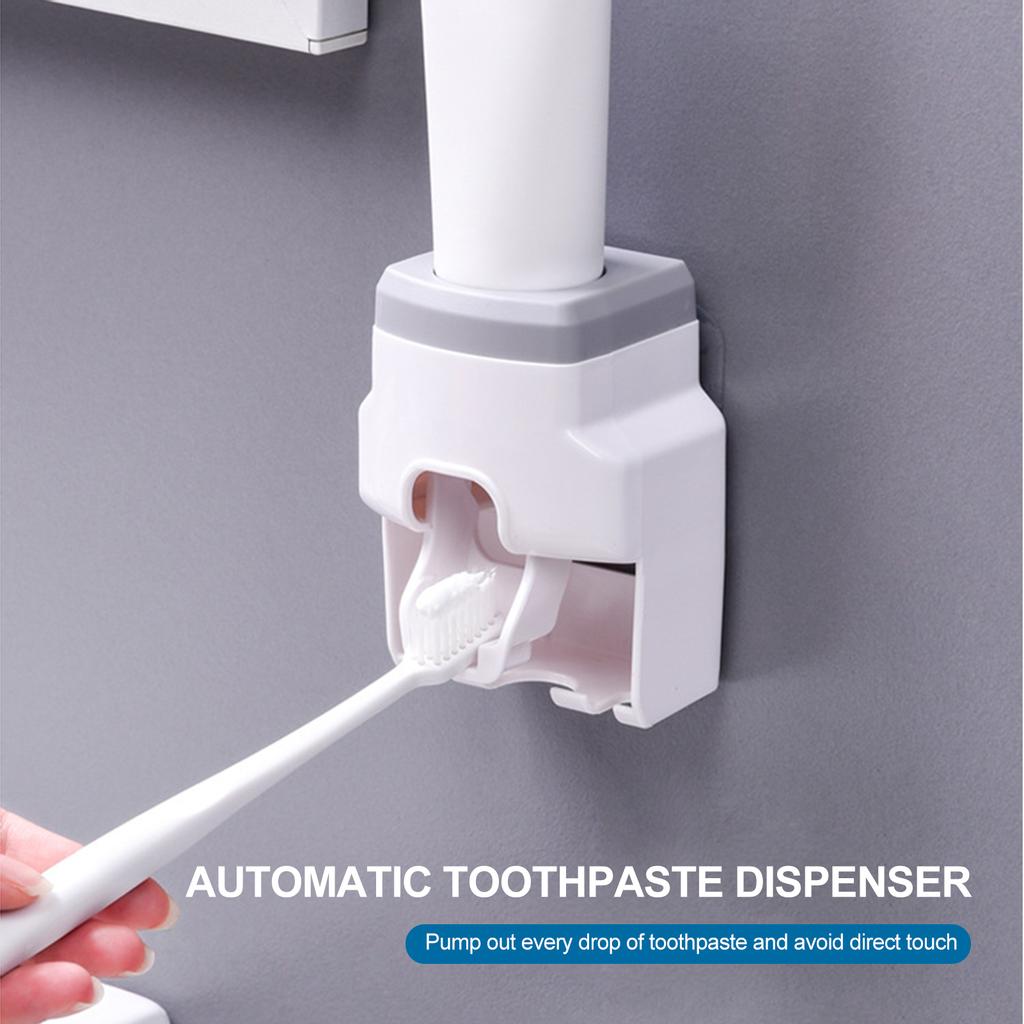 Automatic Toothpaste Dispenser with 2 Toothbrush Holder Slots Set Hands Wall Mounted Toothpaste Squeezer Dispenser for Family Bathroom Sink