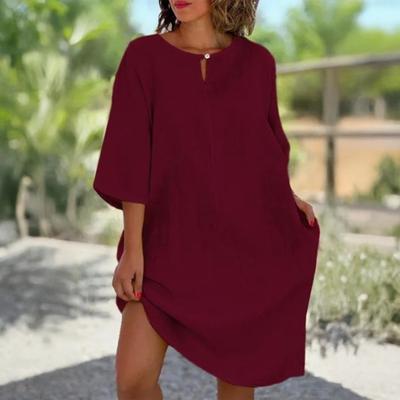 Women's Loose Cotton Linen Shirt Dress Casual 1/2 Sleeve Crew Neck Midi Dress Summer Vacation Beach Sundress