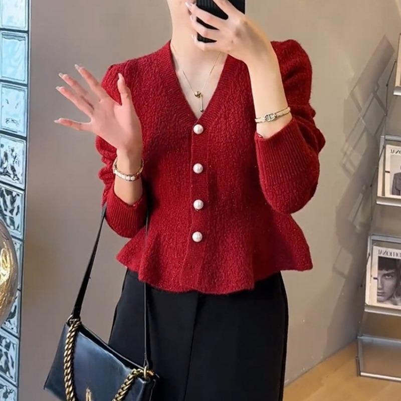 

Ранневесенний новый красный яркий шелковый дизайн, верхняя одежда, свитер, женский V-образный вырез, тонкий вязаный кардиган, топ one size fits all красный