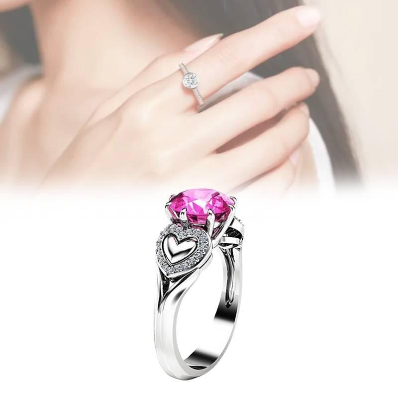 Bague Tendance en Forme de Cœur avec Cristal Zircon Rose et Anneau Réglable Plaqué Argent pour Femmes