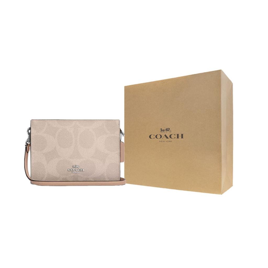 Coach Signature Canvas 20 Slim Color Block Pattern Chain Coated Canvas Crossbody Shoulder Bag Small Women bags Silver Beige Brown CAR12-SVPWH
