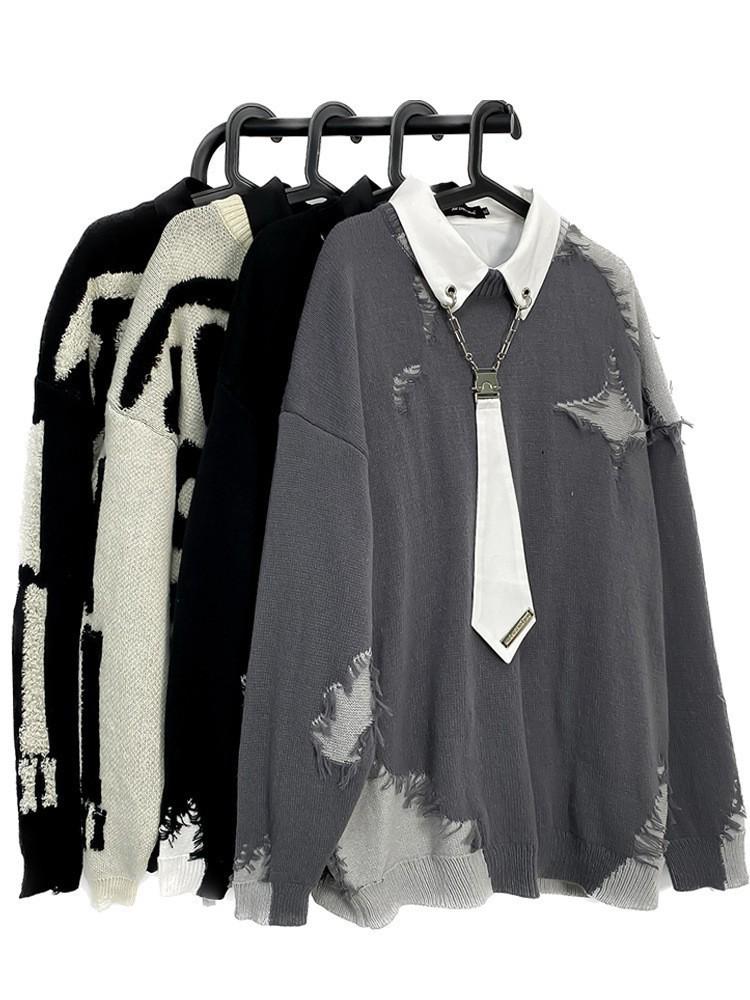 Men's Retro College-Style Layered Sweater: Loose, Contrast-Color Knit for Spring & Autumn.