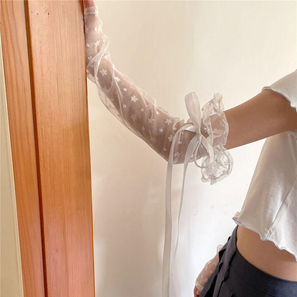 Hollow Lolita Ribbon Anti-UV Long Sleeve Glove Lace Arm Warmers Ice Silk Sleeves Sunscreen Sleeve