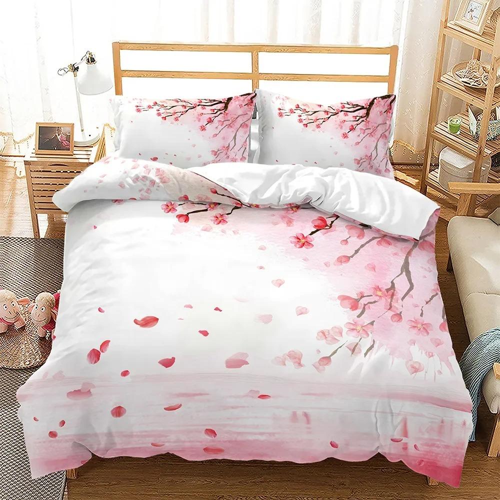 Spring Flowers King Queen Duvet Cover Pink Sakura Bedding Set Girls Cherry Blossoms Quilt Cover Floral Polyester Comforter Cover