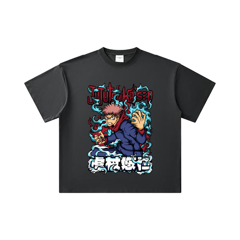 260 GSM Double Yarn 32 Count 100% Cotton Jujutsu Kaisen V50 Yuji Print Unisex Heavy Cotton T Shirt