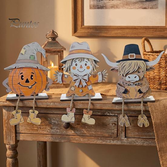 Handgefertigte Holz-Feiertags-Tischdekorationen Halloween Kürbis Vogelscheuche Schottische Hochlandrind-Figuren, Niedliche Hängende Bein-Ornamente, Langlebiges Erntedankfest