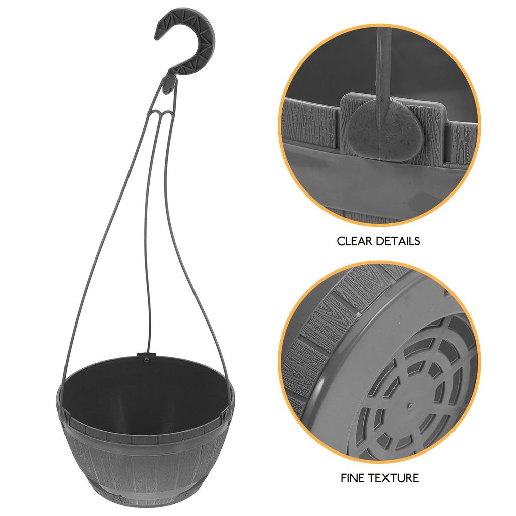 2Pcs Plastic Hanging Planter Pots Self-Watering Feature Faux Wood Barrel Texture Balcony Patio Garden Indoor Outdoor Hanging