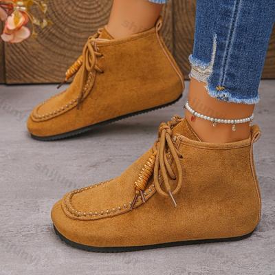 Damen Wildleder Kurzstiefel Herbst Winter Neu Weiche Sohle Leichte Bequeme Stiefeletten Mode Kreuzgebunden Rutschfest Freizeit Flachschuhe