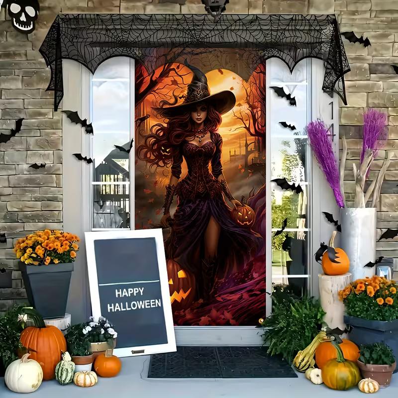 2D Halloween Gothic Witch Door Cover, Witch with Pumpkins Party Backgroun