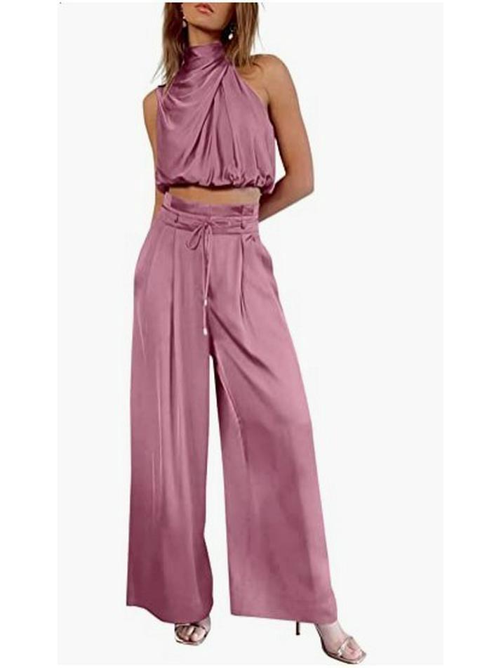 Damen Sommer 2023 Ärmelloses Crop-Top & Weitbeinige Hosen Set