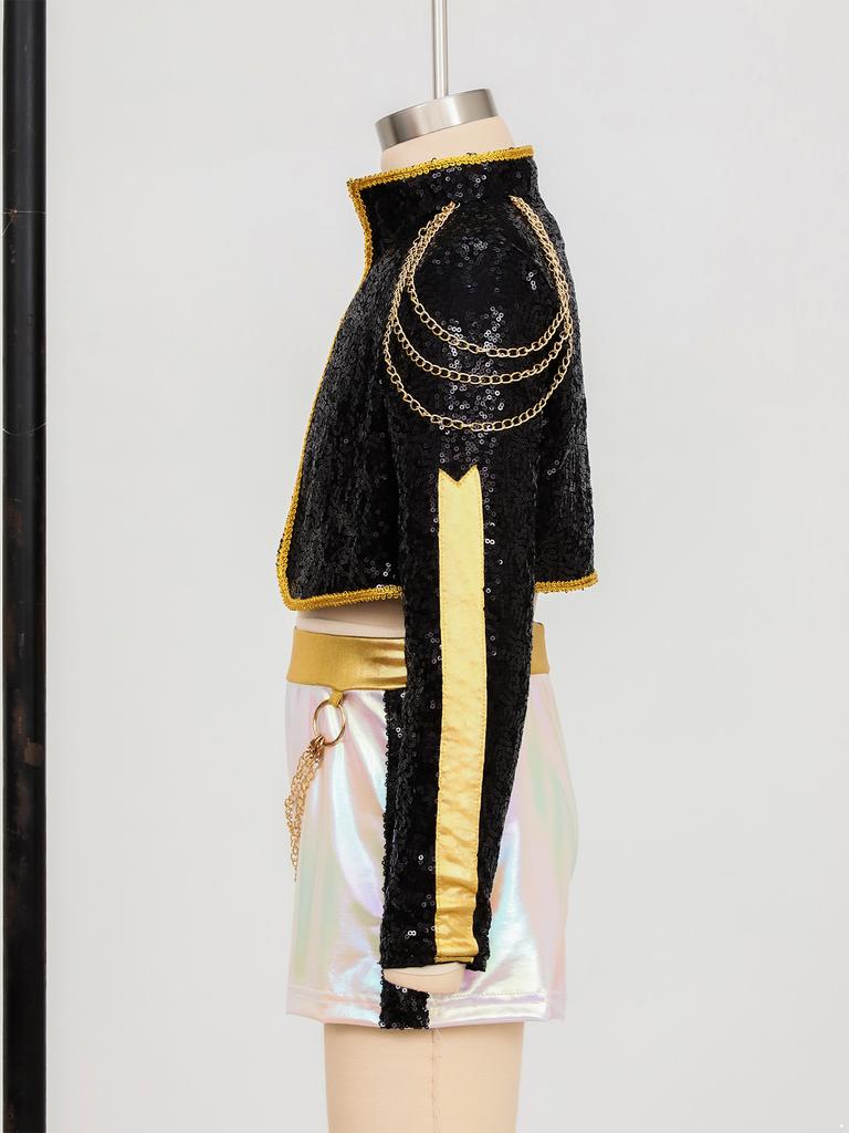 Kids Girls Demon Cosplay Singer Dance Outfit Sequins Shiny Long Sleeve Gold Webbing Trim Outer Wear with Golden Chain and Gloss Patchwork Color Block
