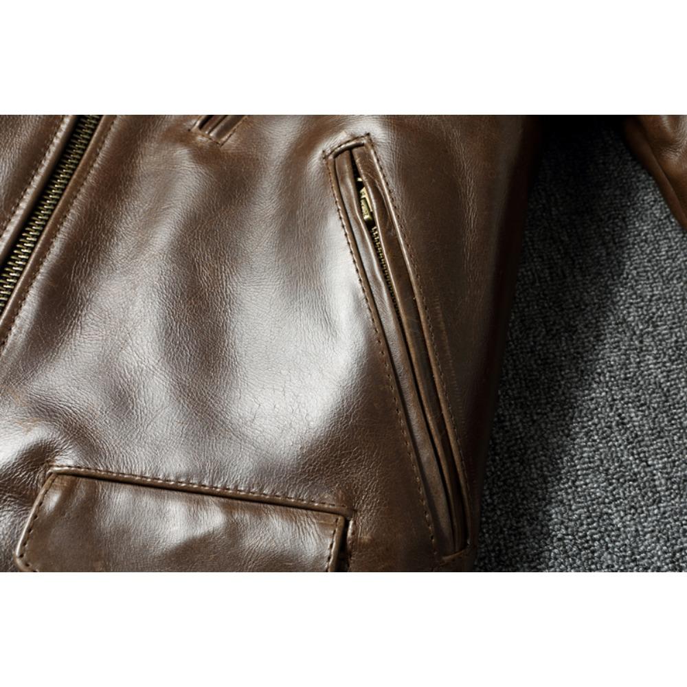 Chinese Size Style RL Top Layer Oil Waxed Cowhide Real Leather Jacket Men Stand Collar Brown Coat Men's Biker Jacket Spring Autumn