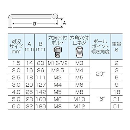 HOZAN W-110 Ball Point Wrench Set, 7-Piece Set, Long Type Hex Keys, Allen Keys, Flat Sizes 1.5/2/2.5/3/4/5/6mm